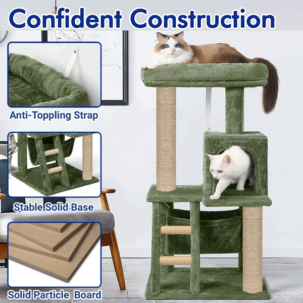 Furrlovers Plush Fabric Cat Tree with Top Bed, Hammock & Jute Rope Scratching Posts (Green)