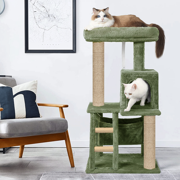 Furrlovers Plush Fabric Cat Tree with Top Bed, Hammock & Jute Rope Scratching Posts (Green)
