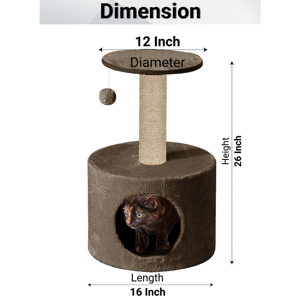 Furrlovers Plush Fur Cat Tree Condo with Jute Rope & Hanging Ball (Brown)