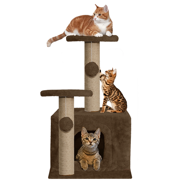 Furrlovers Soft Fur Activity Cat Tree with Natural Sisal Rope, Condo, Sisal Scratching Post & Hanging Ball Toys for Cats and Kittens (Brown)