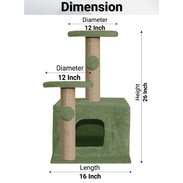 Furrlovers Soft Fur Activity Cat Tree with Natural Sisal Rope, Condo, Sisal Scratching Post & Hanging Ball Toys for Cats and Kittens (Green)