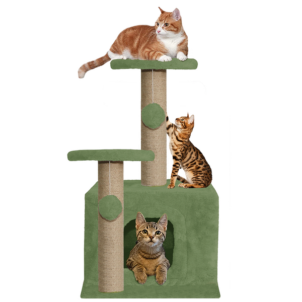 Furrlovers Soft Fur Activity Cat Tree with Natural Sisal Rope, Condo, Sisal Scratching Post & Hanging Ball Toys for Cats and Kittens (Green)