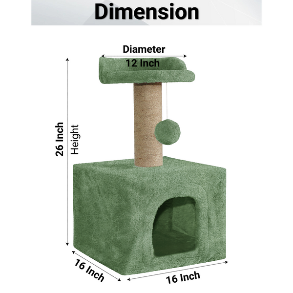 Furrlovers Soft Fur Condo Cat Tree with Sisal/Jute Scratching Post & Hanging Ball (Green)