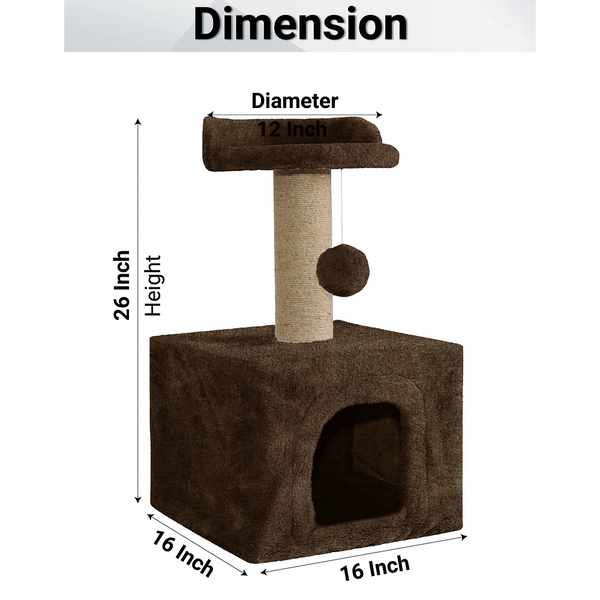 Furrlovers Soft Fur Condo Cat Tree with Sisal/Jute Scratching Post & Hanging Ball (Brown)