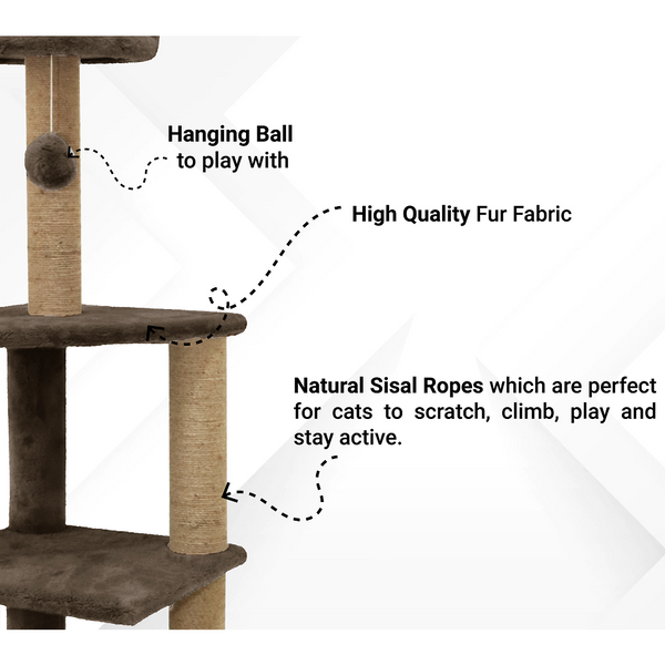 Furrlovers Three Floor Soft Fur Activity Cat Tree for Kittens & Cats with Scratching Post, Natural Sisal Rope & Hanging Ball (Brown)