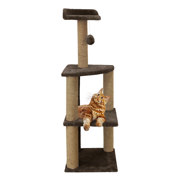 Furrlovers Three Floor Soft Fur Activity Cat Tree for Kittens & Cats with Scratching Post, Natural Sisal Rope & Hanging Ball (Brown)
