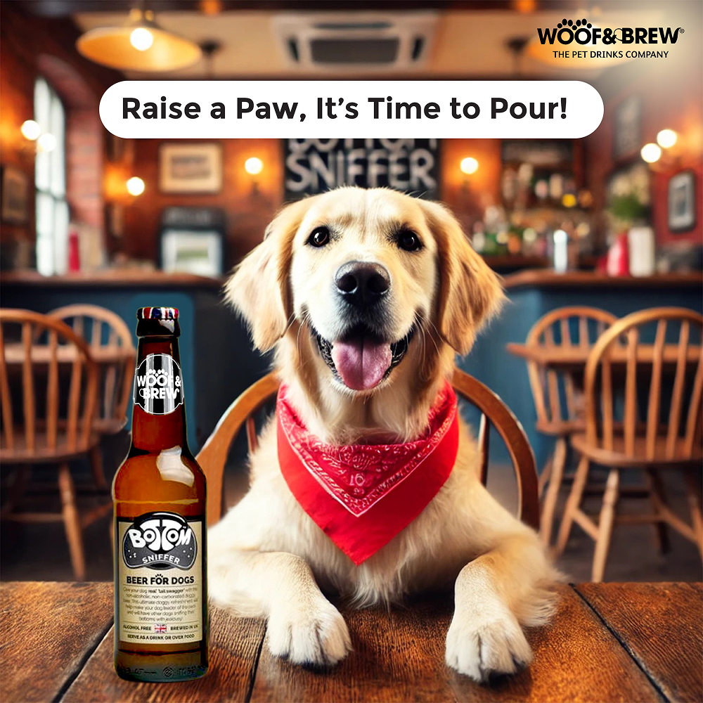 Woof & Brew Bottom Sniffer Non Alcoholic Chicken & Malt Original Beer for Dogs Dog Treats + Others Woof & Brew