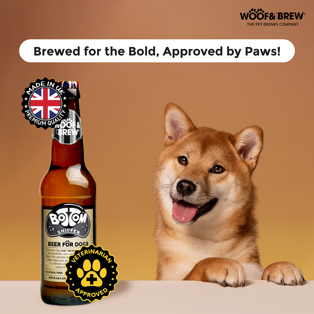 Woof & Brew Bottom Sniffer Non Alcoholic Chicken & Malt Original Beer for Dogs Dog Treats + Others Woof & Brew
