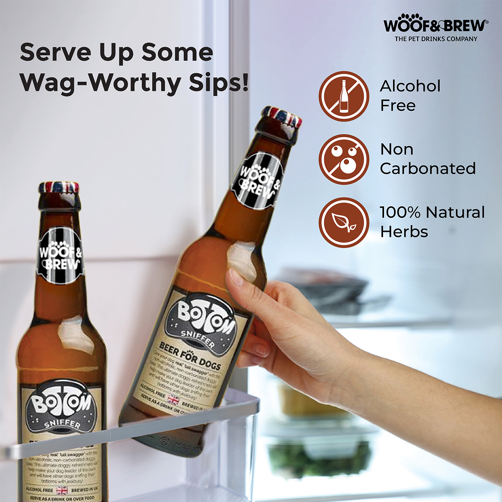 Woof & Brew Bottom Sniffer Non Alcoholic Chicken & Malt Original Beer for Dogs Dog Treats + Others Woof & Brew