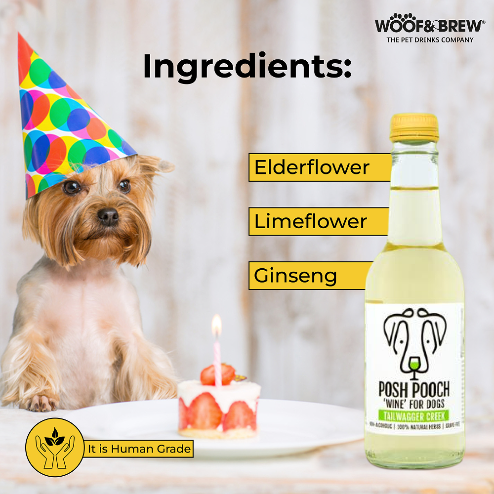 Woof & Brew Posh Pooch Tailwagger Creek Non Alcoholic White Wine for Dogs Dog Treats + Others Woof & Brew