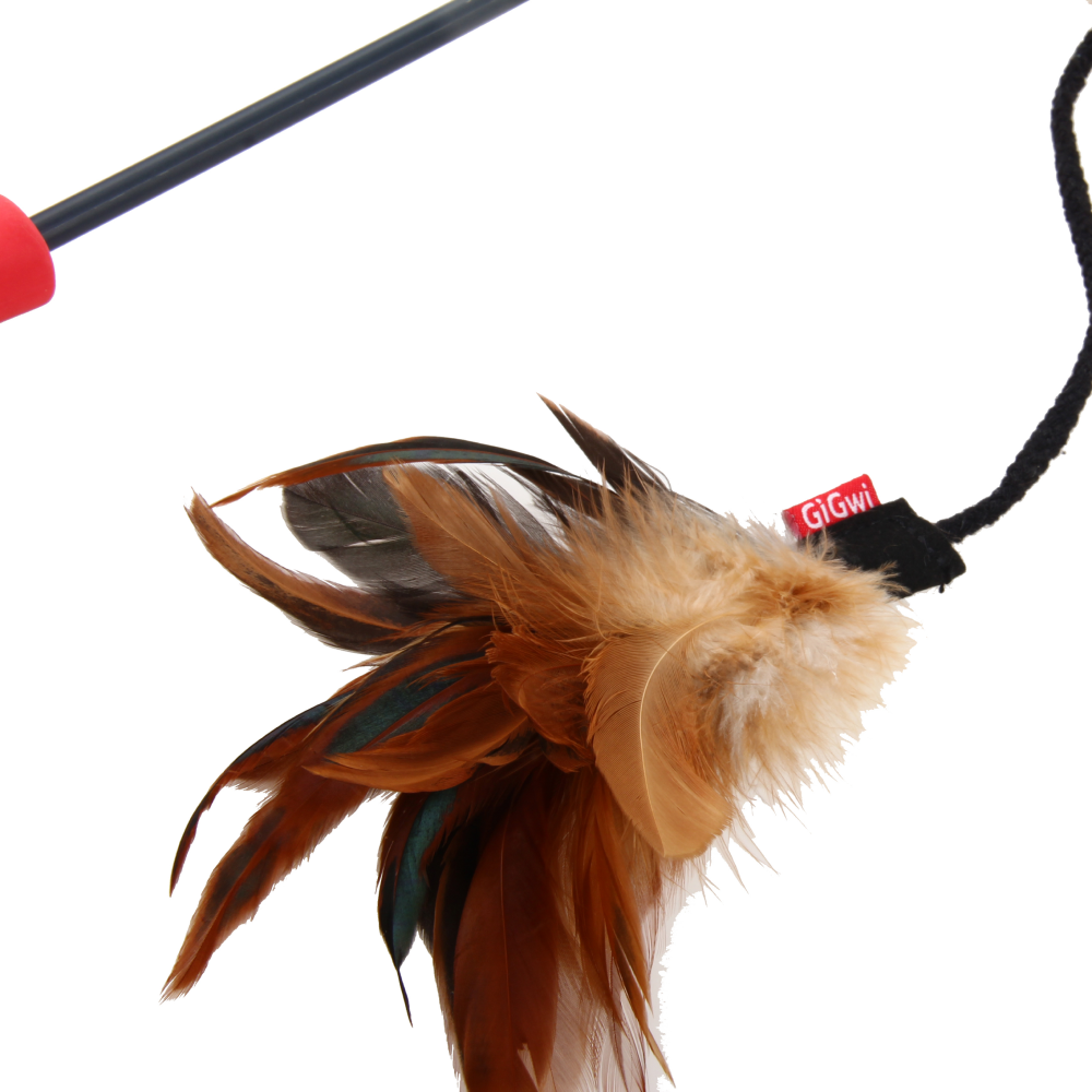 GiGwi Feather Teaser Catwand with Natural Feather Plush Tail & TPR Handle Toy for Cats (Red/Natural)