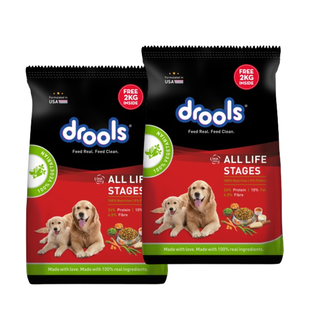 Drools 100% Vegetarian Puppy and Adult Dog Veg Dry Food (All Life Stages) Dogs- Dry Food Drools 20kg (2x8+2kg)