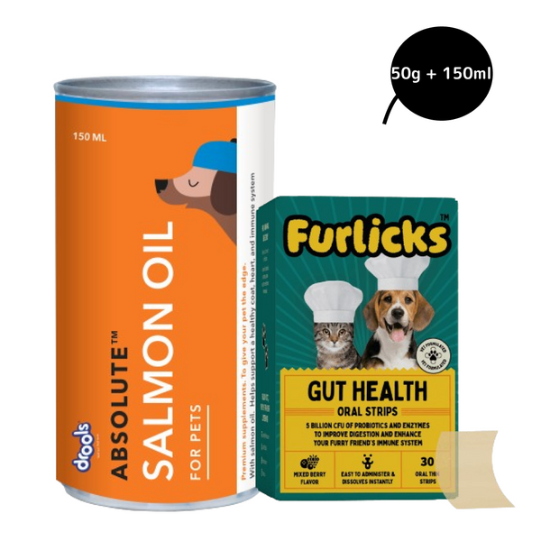 Furlicks Gut Health Supplement and Drools Absolute Salmon Oil Syrup Supplement Combo for Dogs