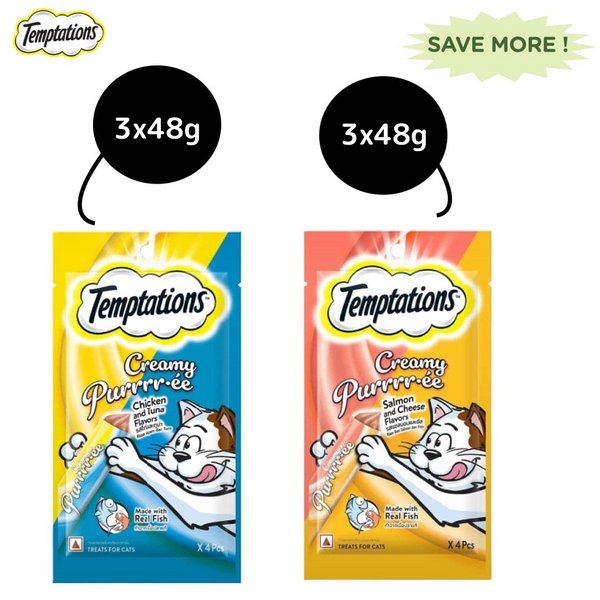 Temptations Creamy Purrrr ee Salmon & Cheese and Creamy Purrrr ee Chicken & Tuna Cat Treats Combo