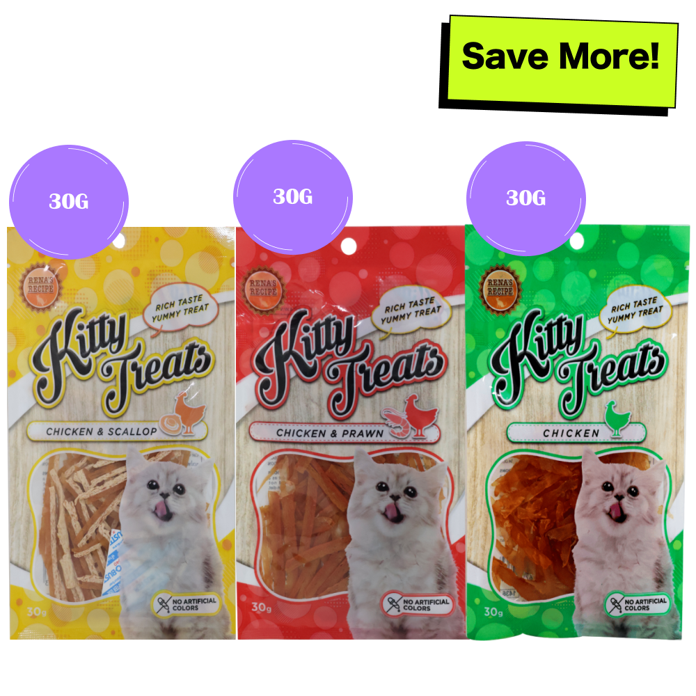 Kitty Treats Chicken with Scallop, Chicken with Shrimp Flavour and Soft Chicken Jerky Sliced Cat Treats Combo Cats-Treats & Others Kitty Treats 30g+30g+30g