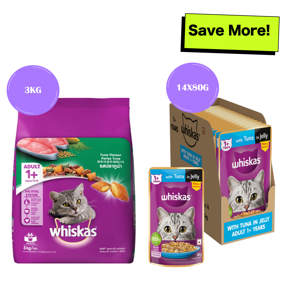 Whiskas Tuna and Tuna in Jelly Meal Adult Cat Dry and Wet Food Combo