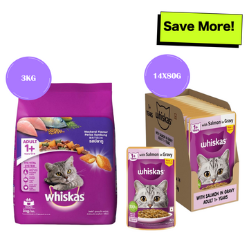 Whiskas Mackerel Flavour and Salmon in Gravy Meal Adult Cat Dry and Wet Food Combo