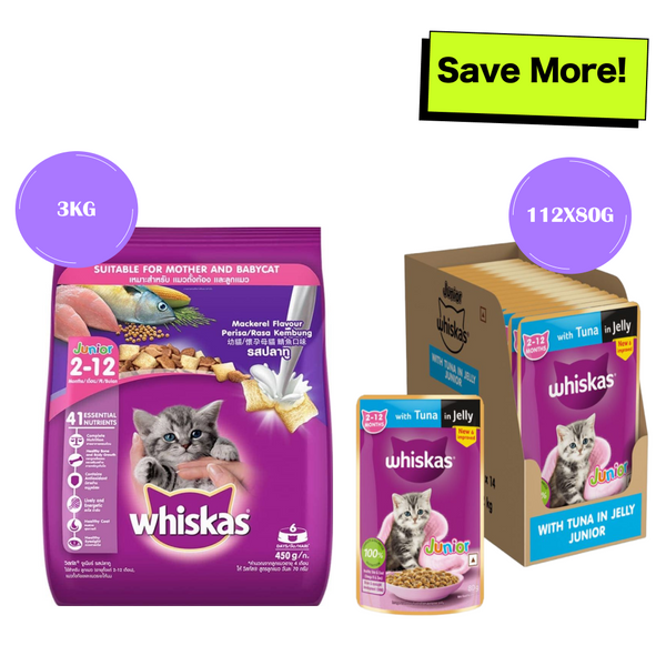 Whiskas Tuna in Jelly Kitten Wet Food and Mackerel Flavour Kitten (2 to 12 months) Dry Food Combo