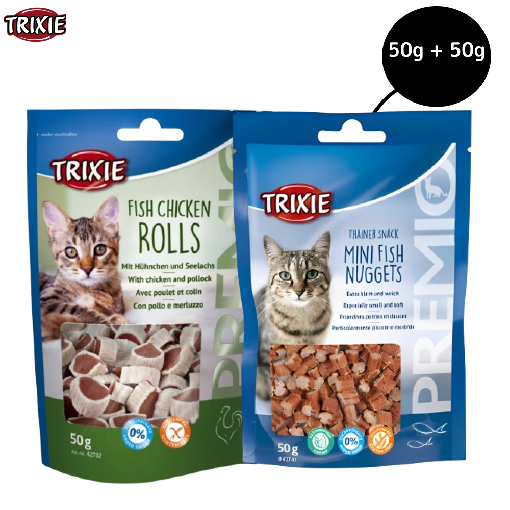 Trixie Premio Trainer Snack Mini Fish Nuggets and Fish and Chicken Rolls Cat Treats Combo Cats-Treats & Others Trixie 50g+50g