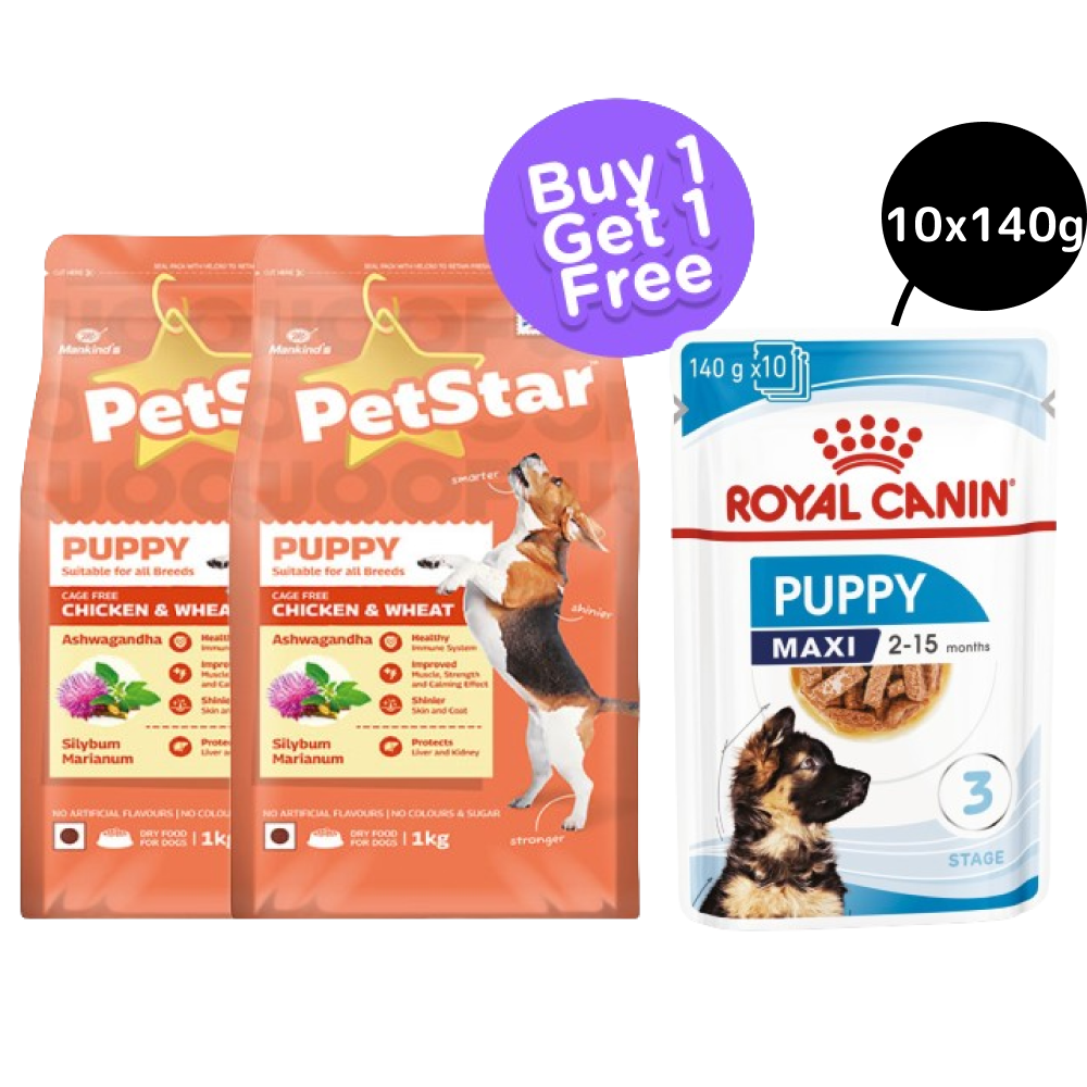 Mankind Petstar Chicken and Wheat Dry Food (BOGO) and Royal Canin Maxi Wet Food for Puppies Combo