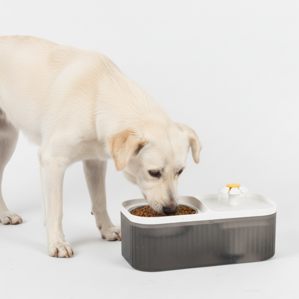 Skatrs Water Fountain with Food Bowl & Adapter for Dogs and Cats (Grey/White)