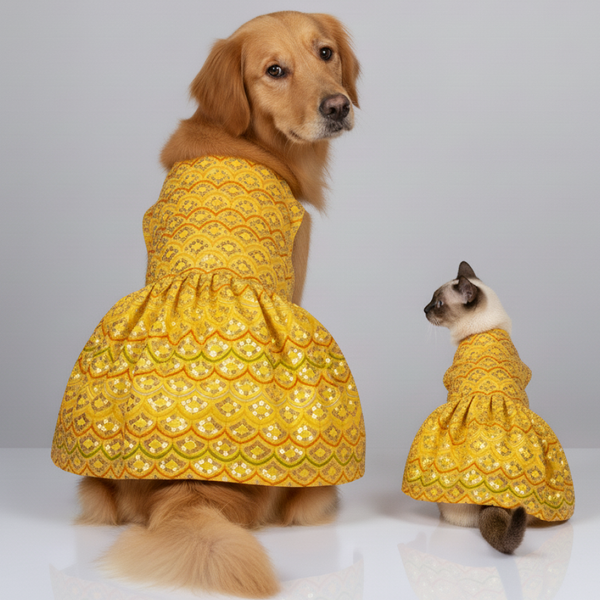 Skatrs Festive Sequence Embroidered Lehenga for Cats and Dogs (Yellow)