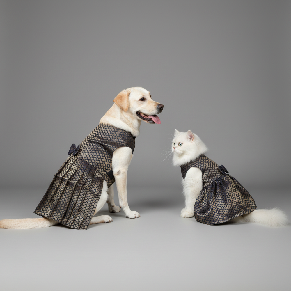 Skatrs Brocade Gold Printed Dress for Dogs and Cats (Blue) Both-Clothing & Accessories Skatrs
