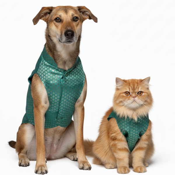Skatrs Brocade Gold Printed Sherwani for Dogs and Cats (Teal)