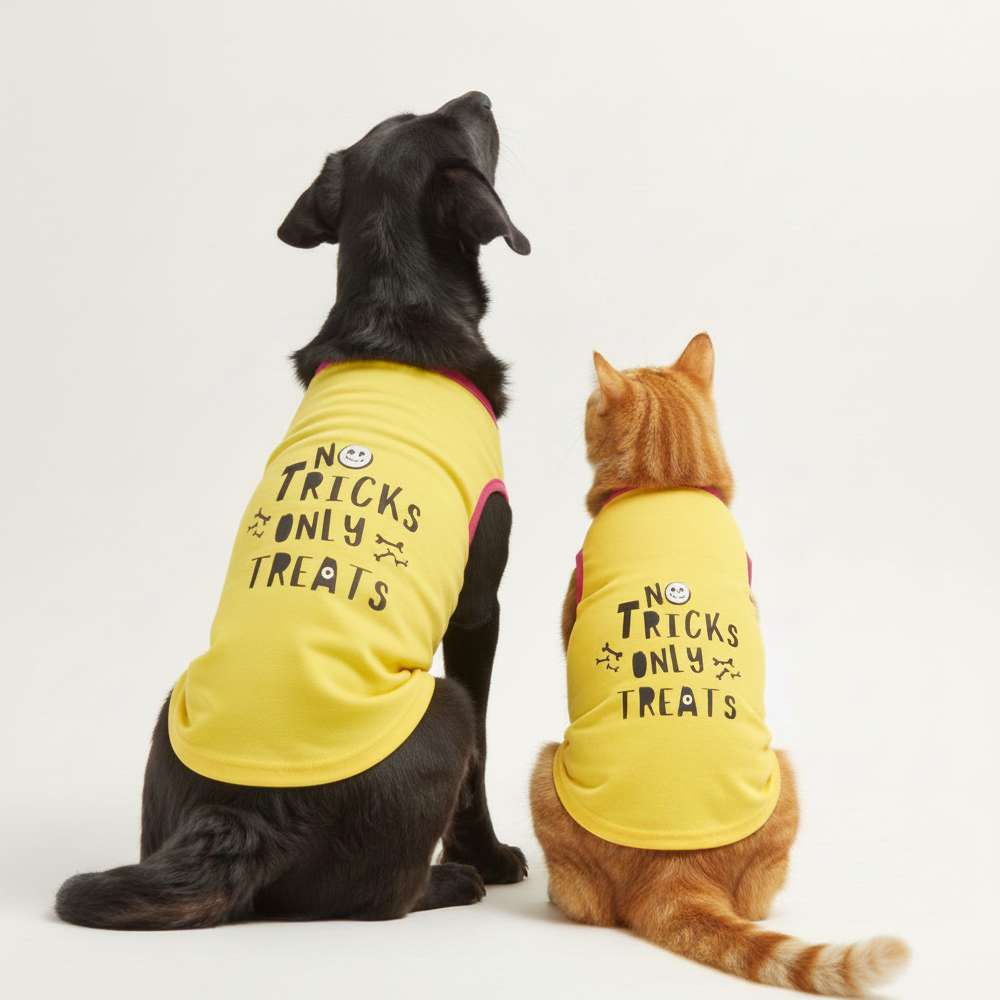Skatrs No Tricks Only Treats Printed Summer Cotton T Shirt Dogs and Cats (Yellow) Both-Clothing & Accessories Skatrs