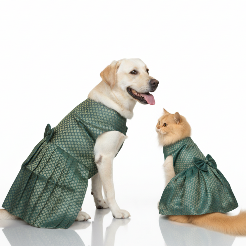 Skatrs Brocade Gold Printed Dress for Dogs and Cats (Teal) Both-Clothing & Accessories Skatrs