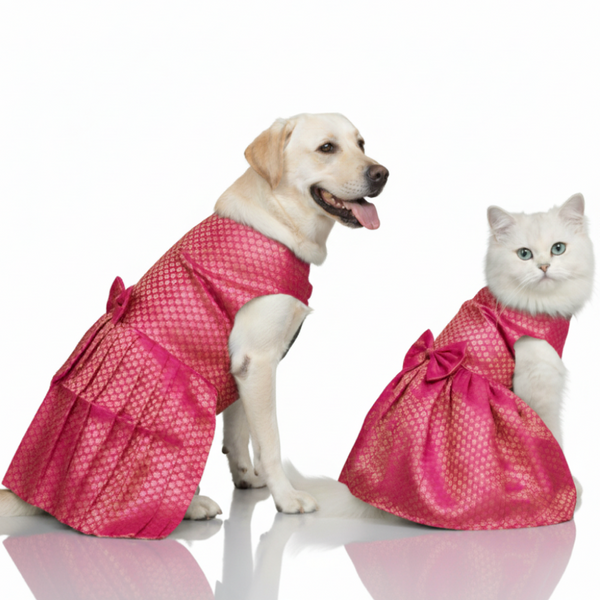 Skatrs Brocade Gold Printed Dress for Dogs and Cats (Pink)