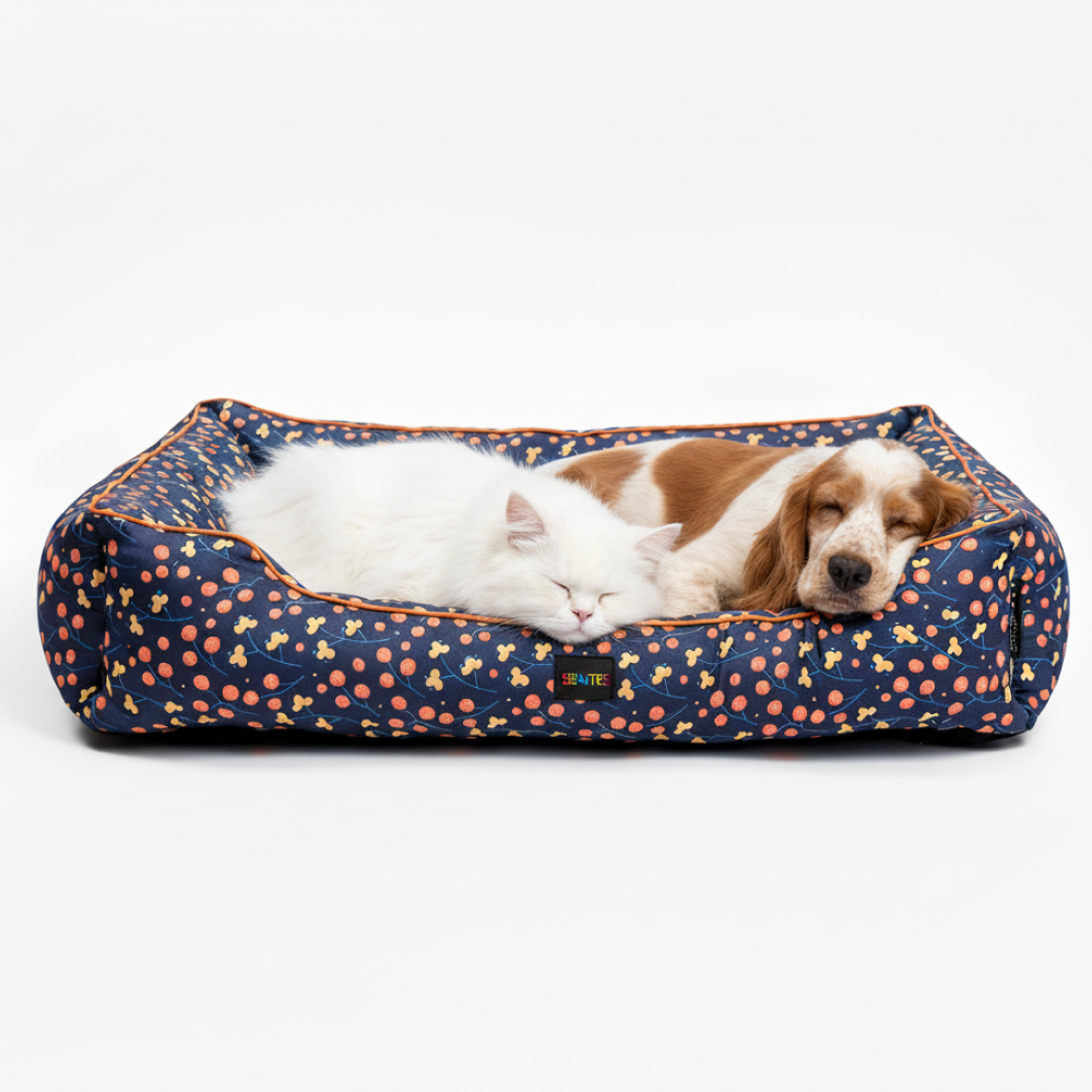 Skatrs Floral Bed for Dogs & Cats (Blue/Orange) Both-Bedding, Mats & Travel Supplies Skatrs L