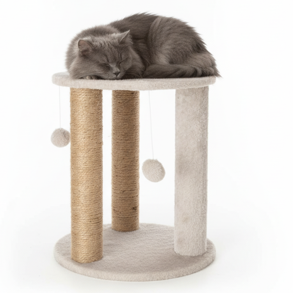 Skatrs Whisker Wonderland Circular Three Scratching Post with Hanging Pom Pom Cat Tree Toy (Grey) Cats-Toys Skatrs 1.4ft