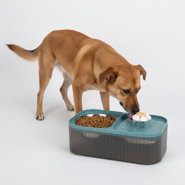 Skatrs Water Fountain with Food Bowl & Adapter for Dogs and Cats (Blue)