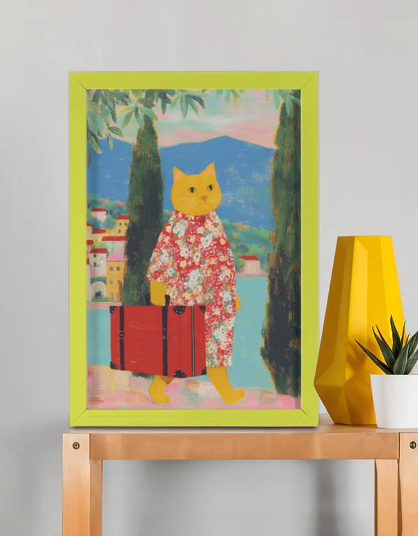 EverythingBoho Cat The Traveller Framed Poster (Yellow)