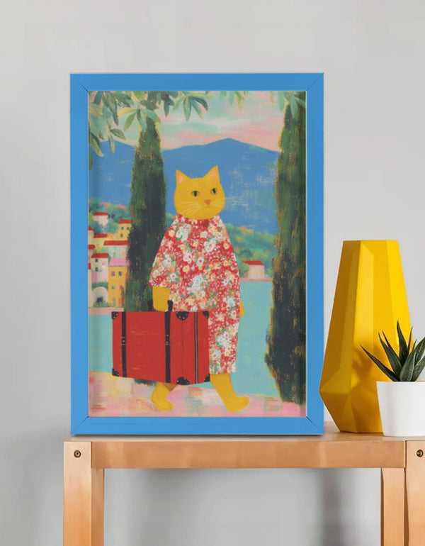 EverythingBoho Cat The Traveller Framed Poster (Royal Blue)