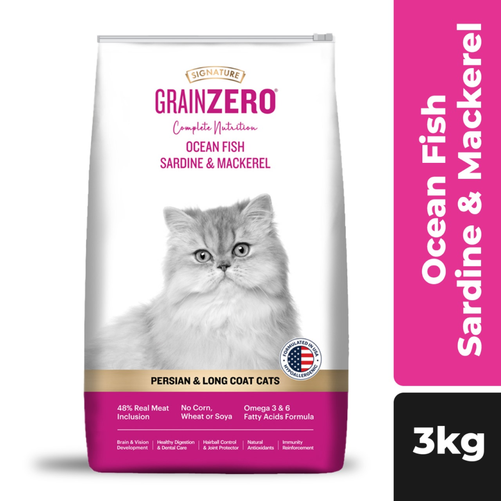 Signature Grain Zero Ocean Fish, Sardine and Mackerel Long Coat & Persian Adult Cat Dry Food