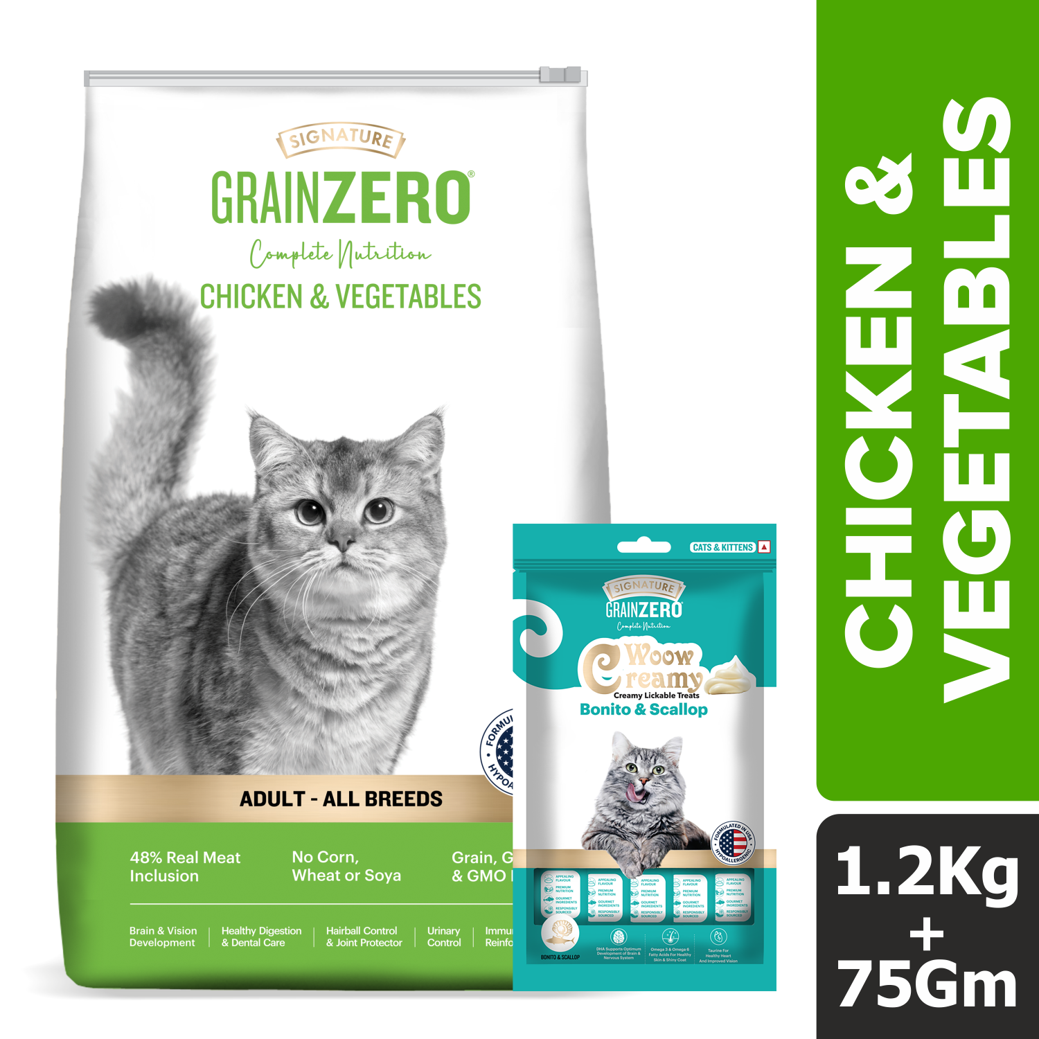 Signature Grain Zero Chicken & Vegetable Adult Cat Dry Food For All Breed Cats- Dry food Signature 1.2kg+75g (Treat Free)