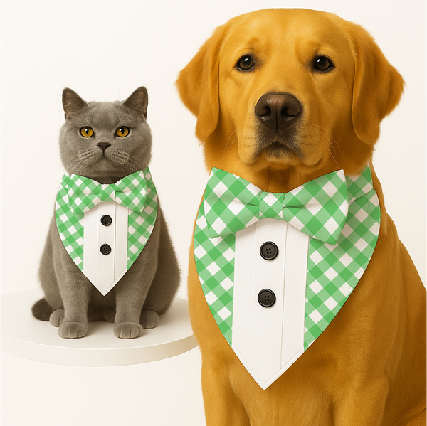 PawsIndia Green Checks Pattern Tuxedo Bandana with Matching Bow for Dogs and Cats