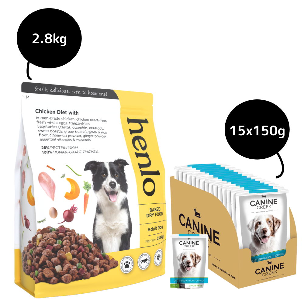 Henlo Chicken & Vegetable Baked Dry Food for Adult Dogs and Canine Creek Real Chicken Gravy Adult Dog Wet Food Combo