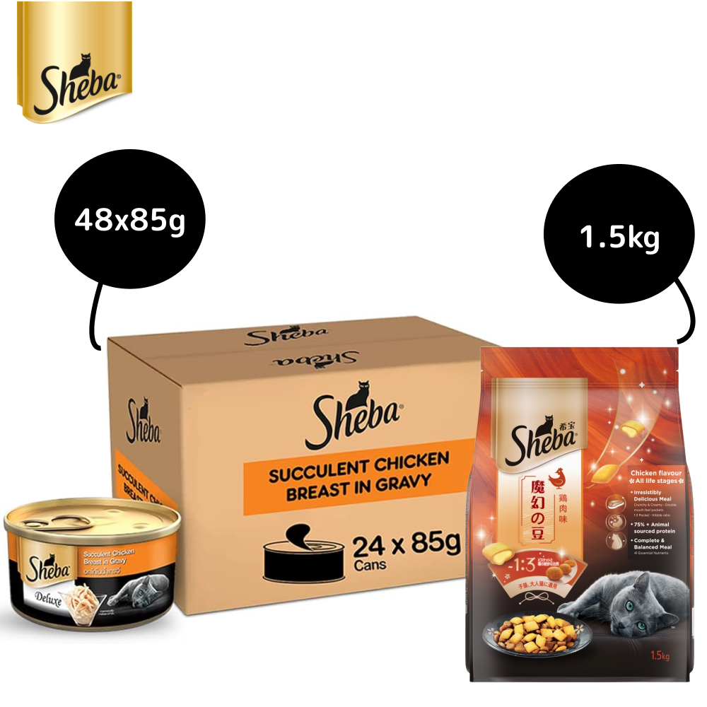 Sheba Complete Nutrition Succulent Chicken Breast In Gravy Cat Wet Food and Chicken Flavour Irresistible All Life Stage Cat Dry Food Combo Exclusive Combo Sheba 48x85g + 1.5kg