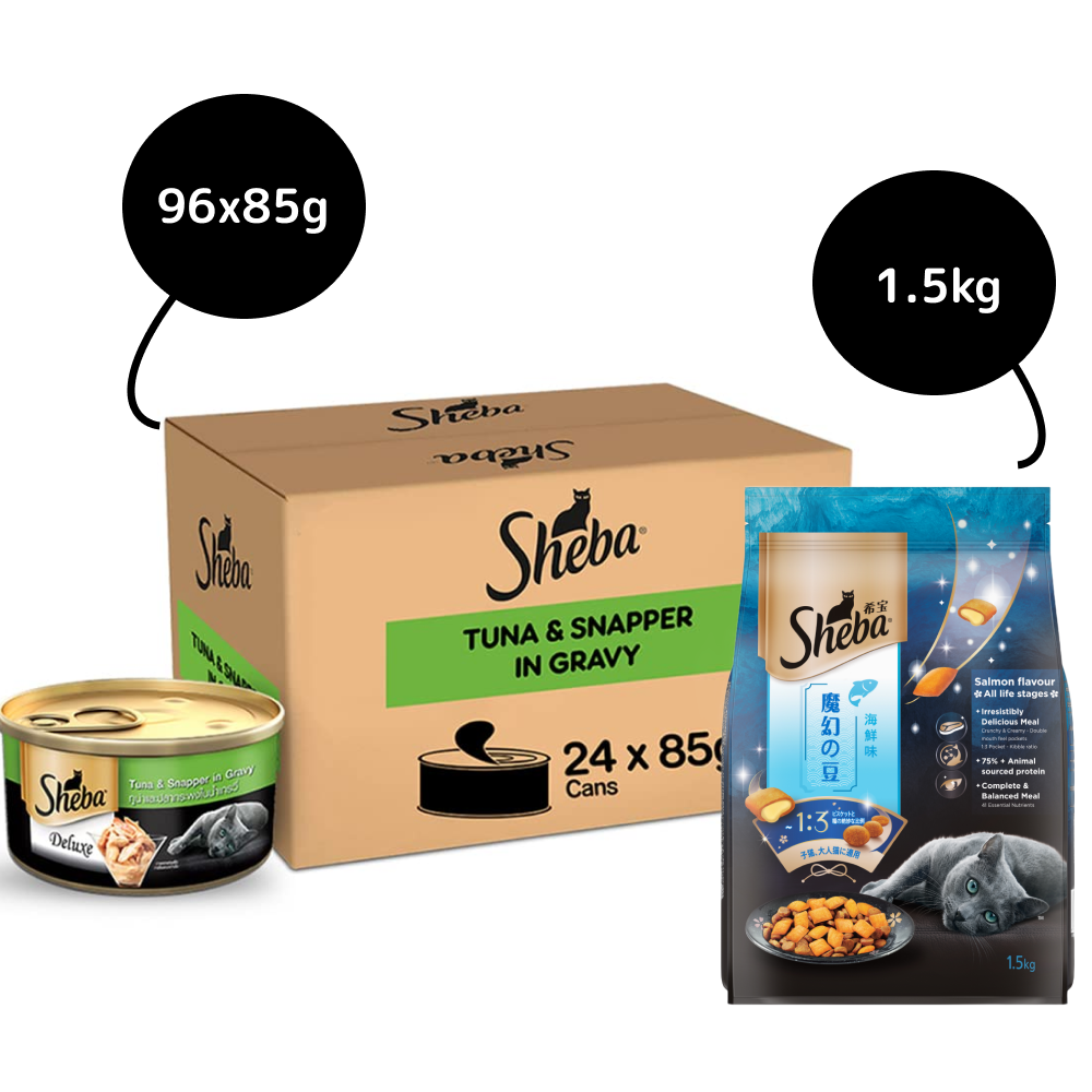 Sheba Complete Nutrition Tuna White Meat & Snapper In Gravy Cat Wet Food and Salmon Flavour Irresistible Cat Dry Food Combo