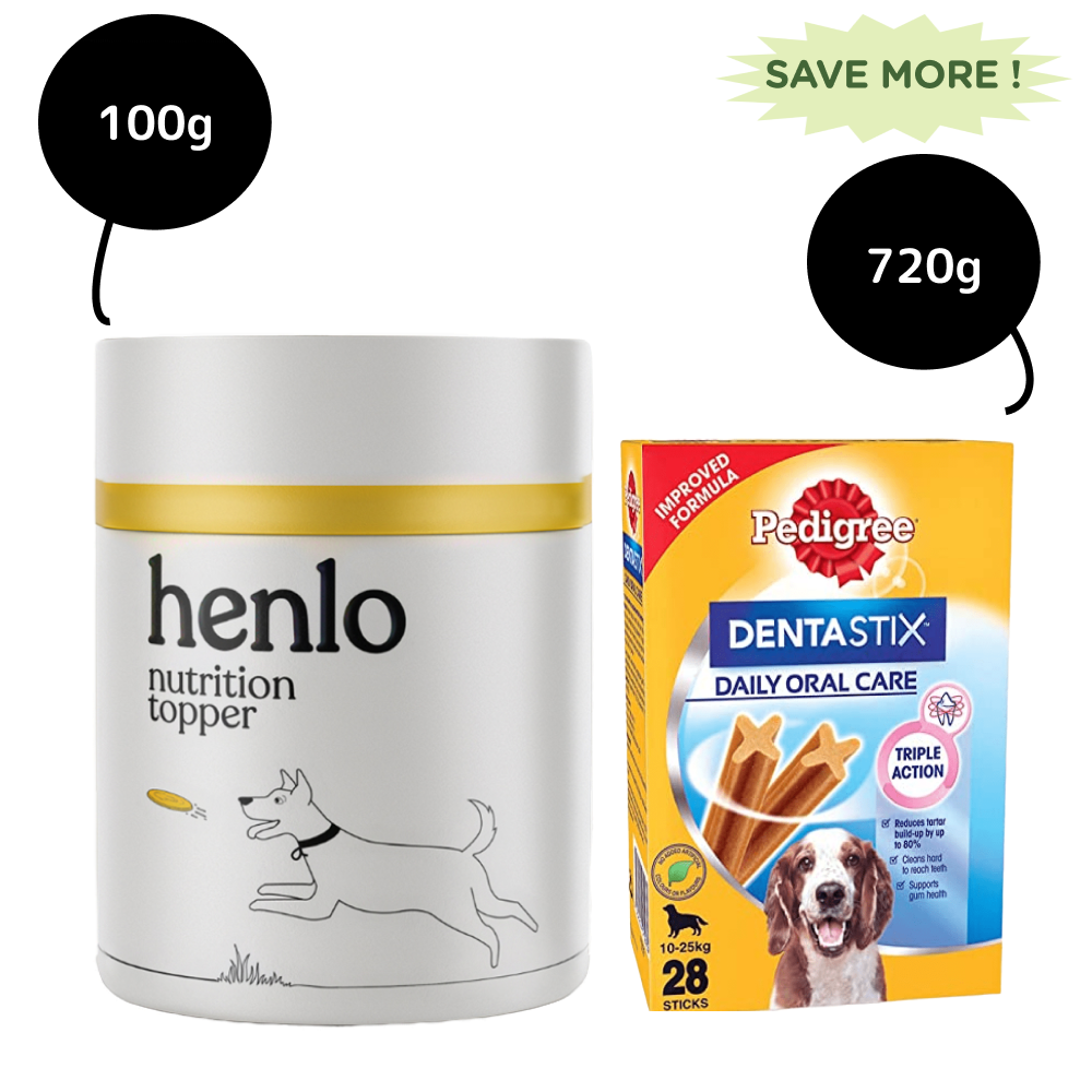 Henlo Everyday Topper for Home Cooked Food and Pedigree Dentastix Oral Care for Adult (Medium Breed of 10 to 25 kg) Dog Treats Combo
