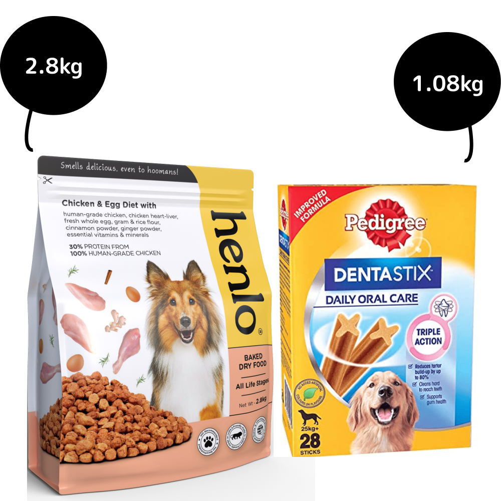 Henlo Chicken and Egg Baked Dry Food for Adult Dogs & Puppies and Pedigree Dentastix Oral Care (Large Breed) Dog Treats Combo