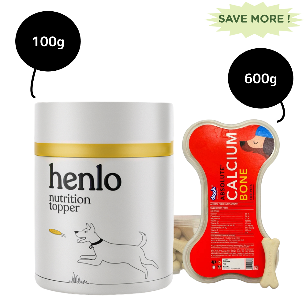 Henlo Everyday Topper for Home Cooked Food and Drools Absolute Calcium Bones for Dogs (Jar) Combo