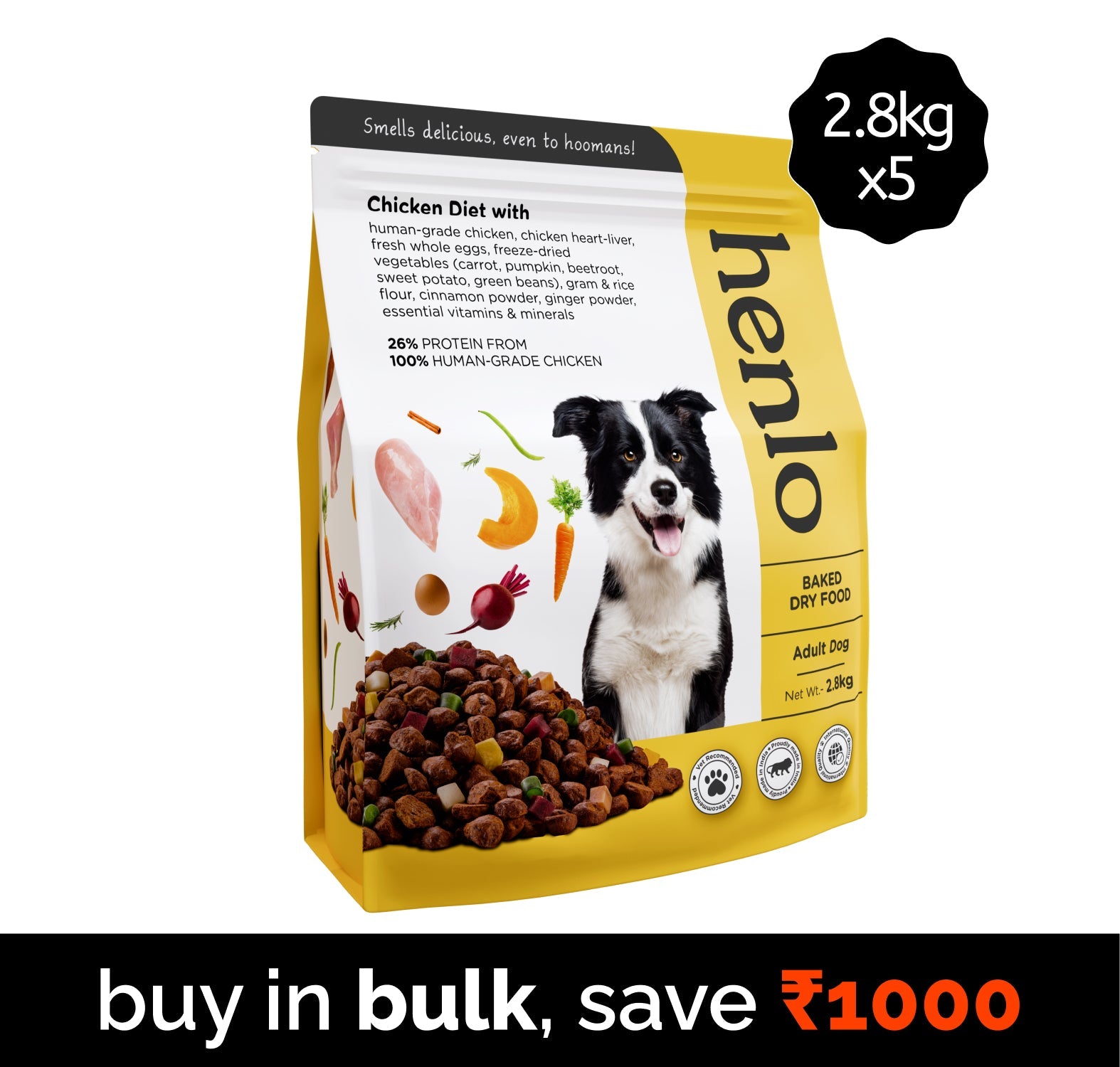 Henlo Chicken & Veg Baked Dry Food for Adult Dogs | 100% Human Grade Ingredients Dogs- Dry Food Henlo 14kg(5x2.8kg)