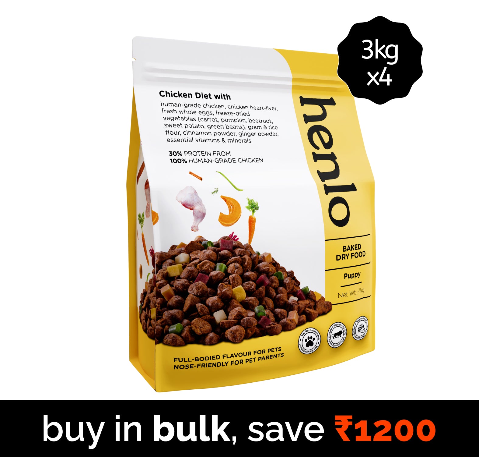 Henlo Chicken & Veg Baked Dry Food for Puppies & Small Breed Dogs | 100% Human Grade Ingredients Dogs- Dry Food Henlo 12kg (4x3kg)
