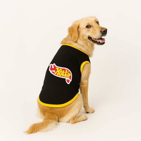 PawsIndia Hottie Printed with Ribbed Sleeves TShirt for Dogs (Black)