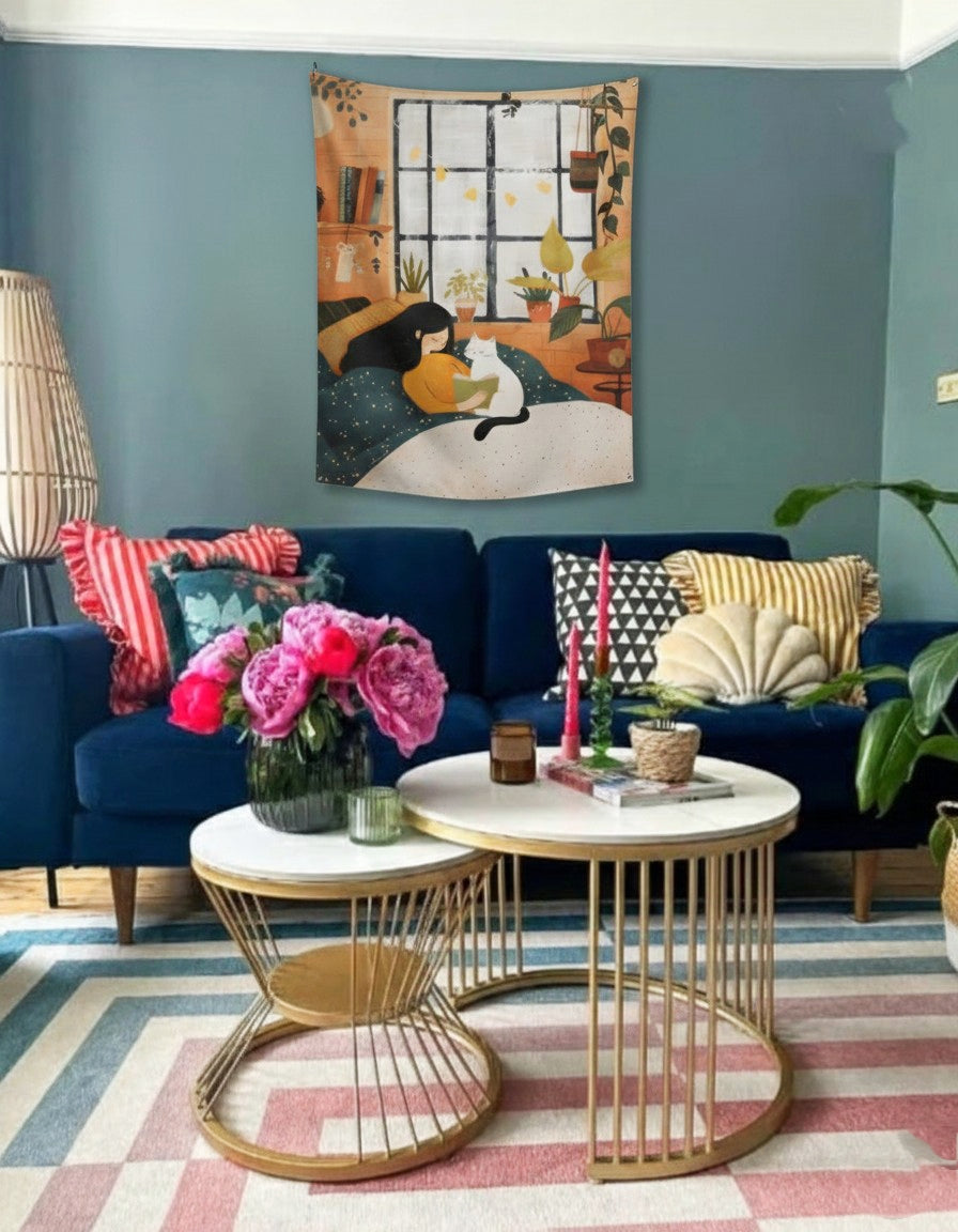 EverythingBoho Dreamy Reader & Cat Tapestry Wall Art Pet Parent-Gifting & Merch EverythingBoho Dropship