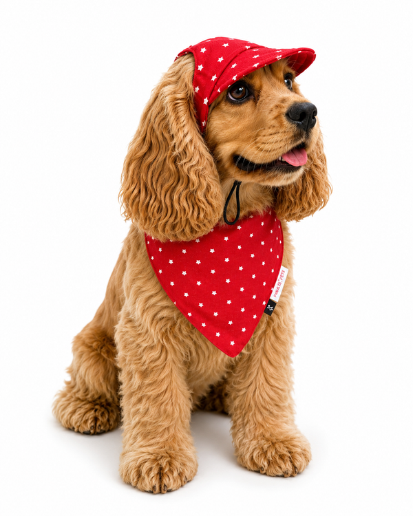 Pawgypets Star Denim Cap and Bandana Set for Dogs and Cats (Red)